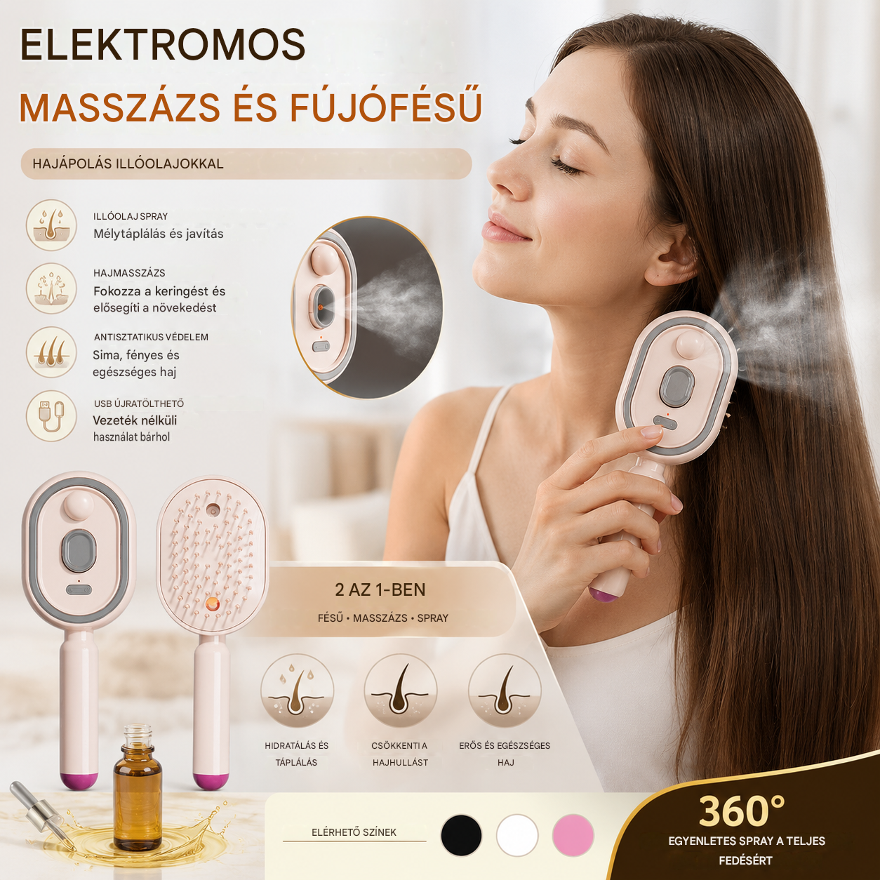 📢📢Különleges ajánlat!! ⏰Elektromos masszázsfésű légzsákos spray-vel és illóolajjal, hajfésű tápláláshoz és permetezéshez✨🔥