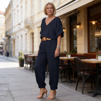 【S-5XL】Elegantní dámský komplet z lnu a bavlny: volná blůza s výstřihem do V a dlouhé kalhoty, měkký, prodyšný a příjemně chladivý materiál