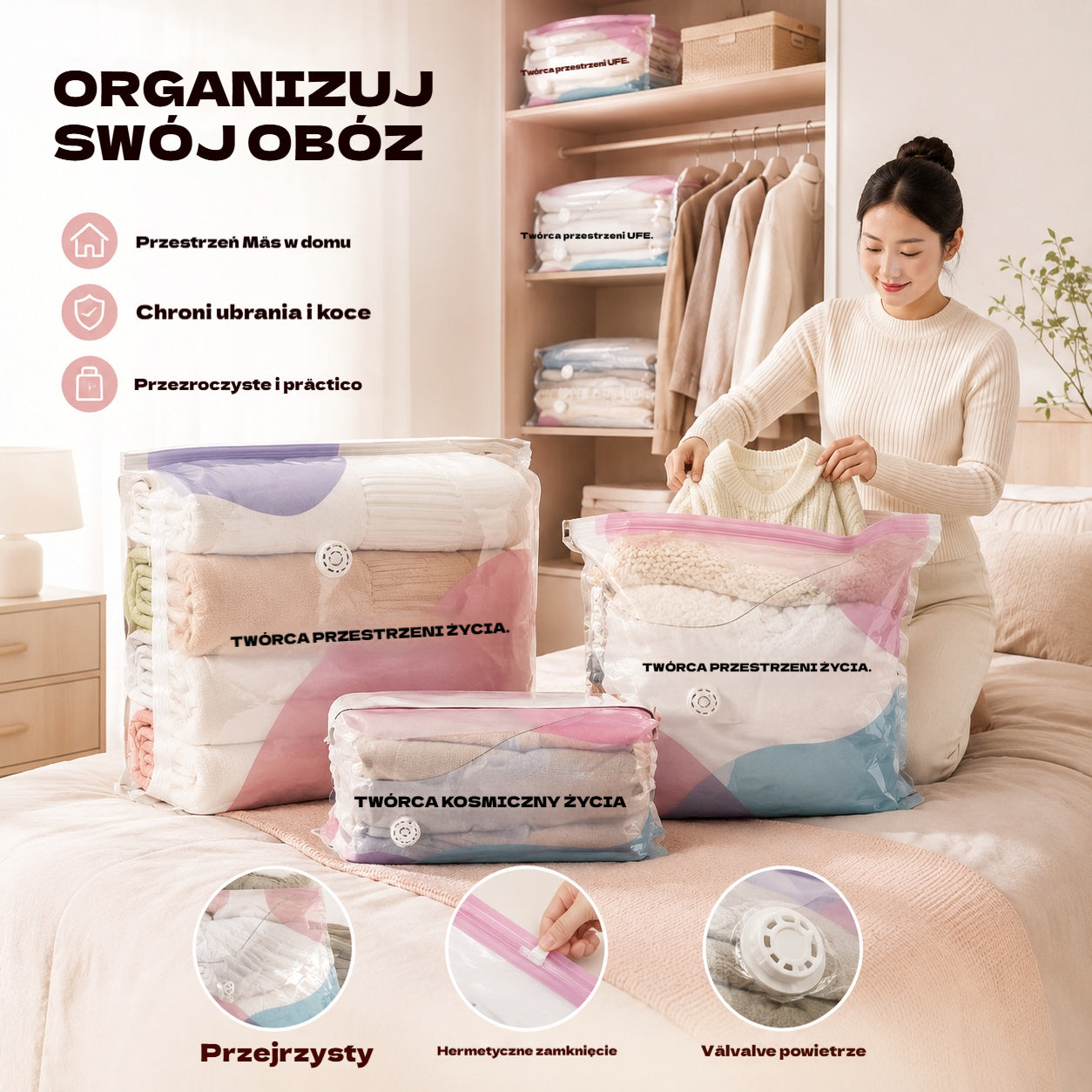 🧳【Zestaw 5 sztuk 109 PLN】💨 Duży, kompresyjny worek próżniowy: Nie wymaga pompki, jest szczelny i idealny do oszczędzania miejsca w walizkach oraz w domu ✈️