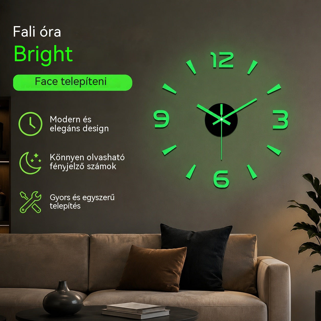 🕑✨Világító 3D akril falióra – fúrás nélkül (összeszerelés nem szükséges)