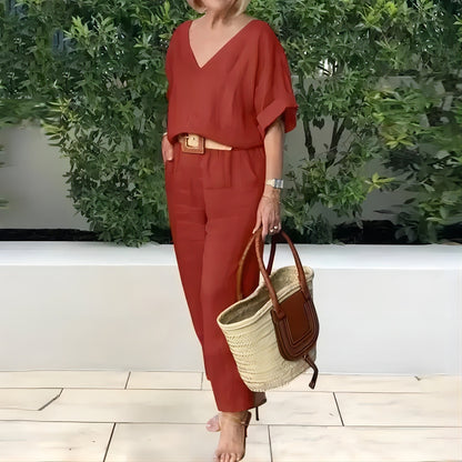 【S-5XL】Elegantní dámský komplet z lnu a bavlny: volná blůza s výstřihem do V a dlouhé kalhoty, měkký, prodyšný a příjemně chladivý materiál