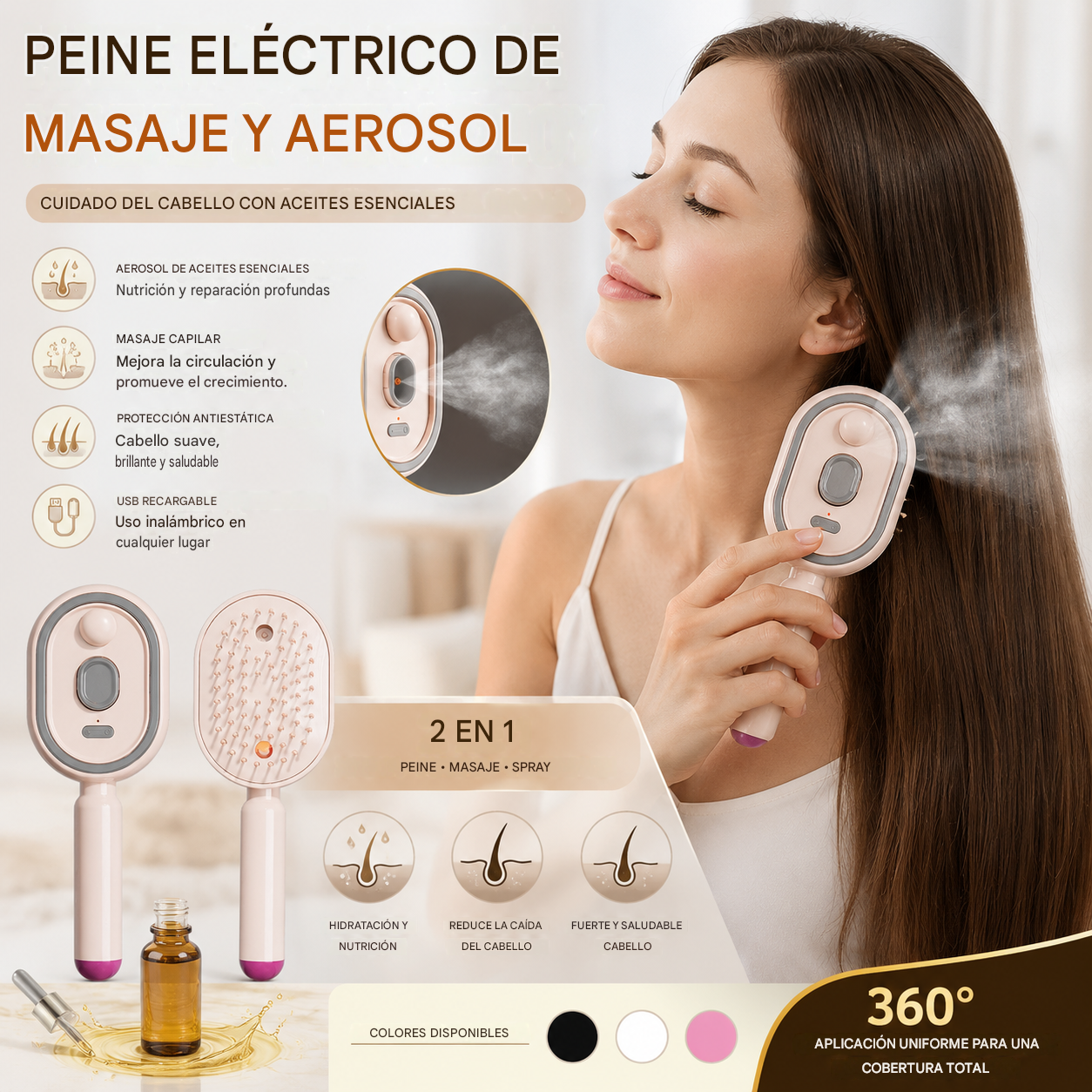 📢📢¡Oferta especial! ⏰Peine de masaje eléctrico con airbag, spray y aceite esencial, peine para nutrir y rociar el cabello✨🔥