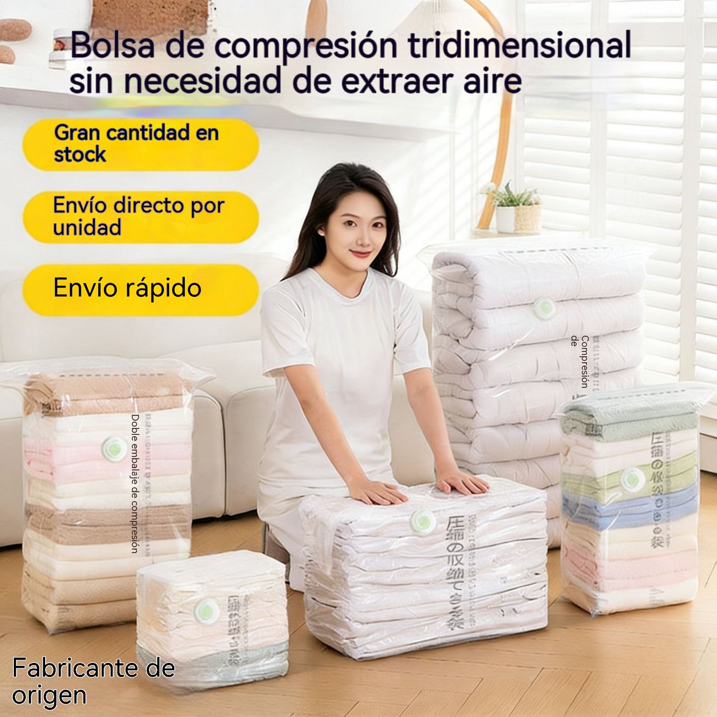 🧳【Juego de 5 piezas】💨 Bolsa de almacenamiento al vacío grande y compresible: no requiere bomba, es a prueba de fugas e ideal para ahorrar espacio en maletas y en casa ✈️