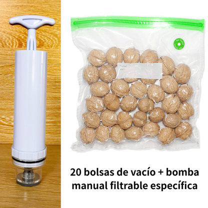 🔥【20 bolsas de vacío + bomba   manual filtrable específica】🧊Bolsas de almacenamiento de alimentos con compresión al vacío y válvulas
