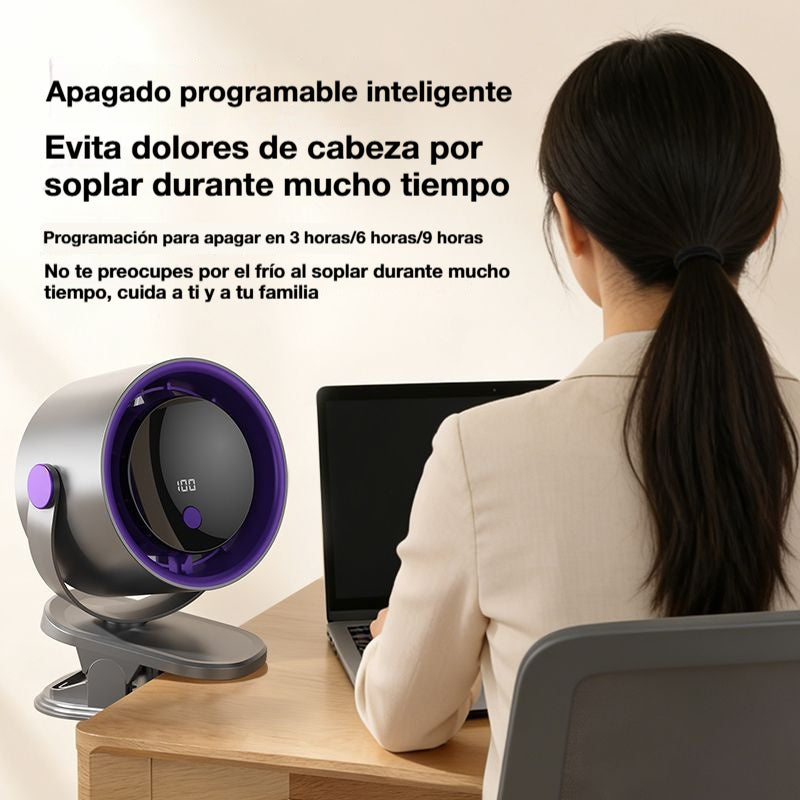 🌀 Ventilador manos libres con pantalla LED, clip integrado y 100 niveles de ajuste