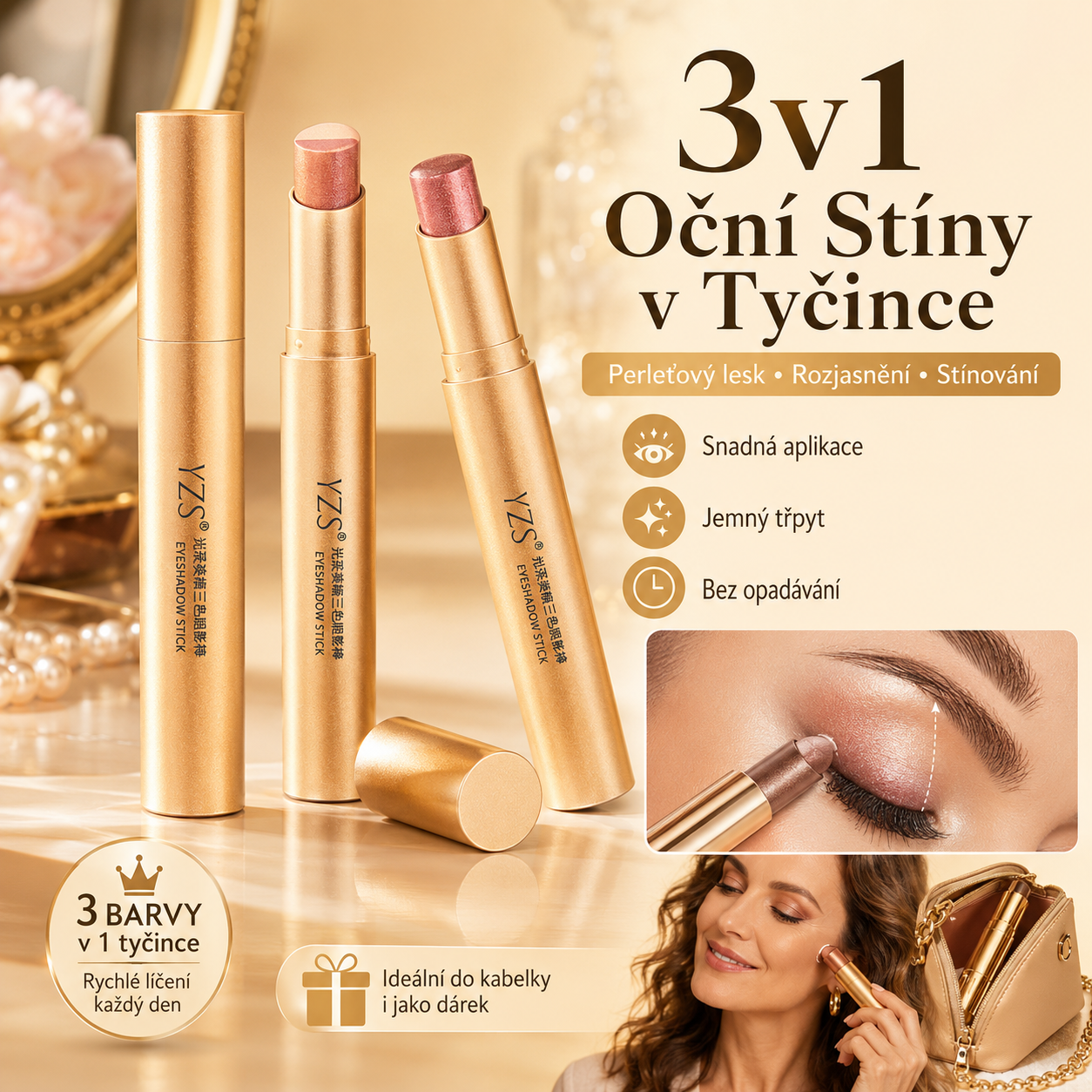 【1 kusy 460Kč】✨ Oční stíny v tyčince 3 v 1 – okamžitý jas, liftingový efekt a dlouhotrvající výdrž 💄