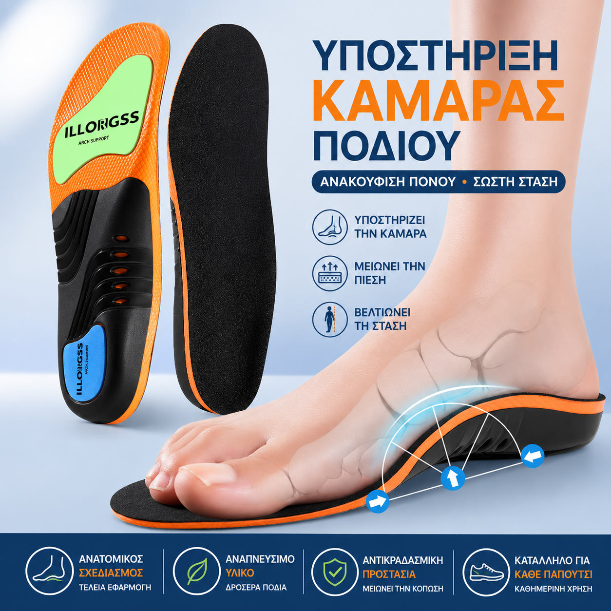 Plantillas deportivas profesionales con soporte para el arco del pie y absorción de impactos.