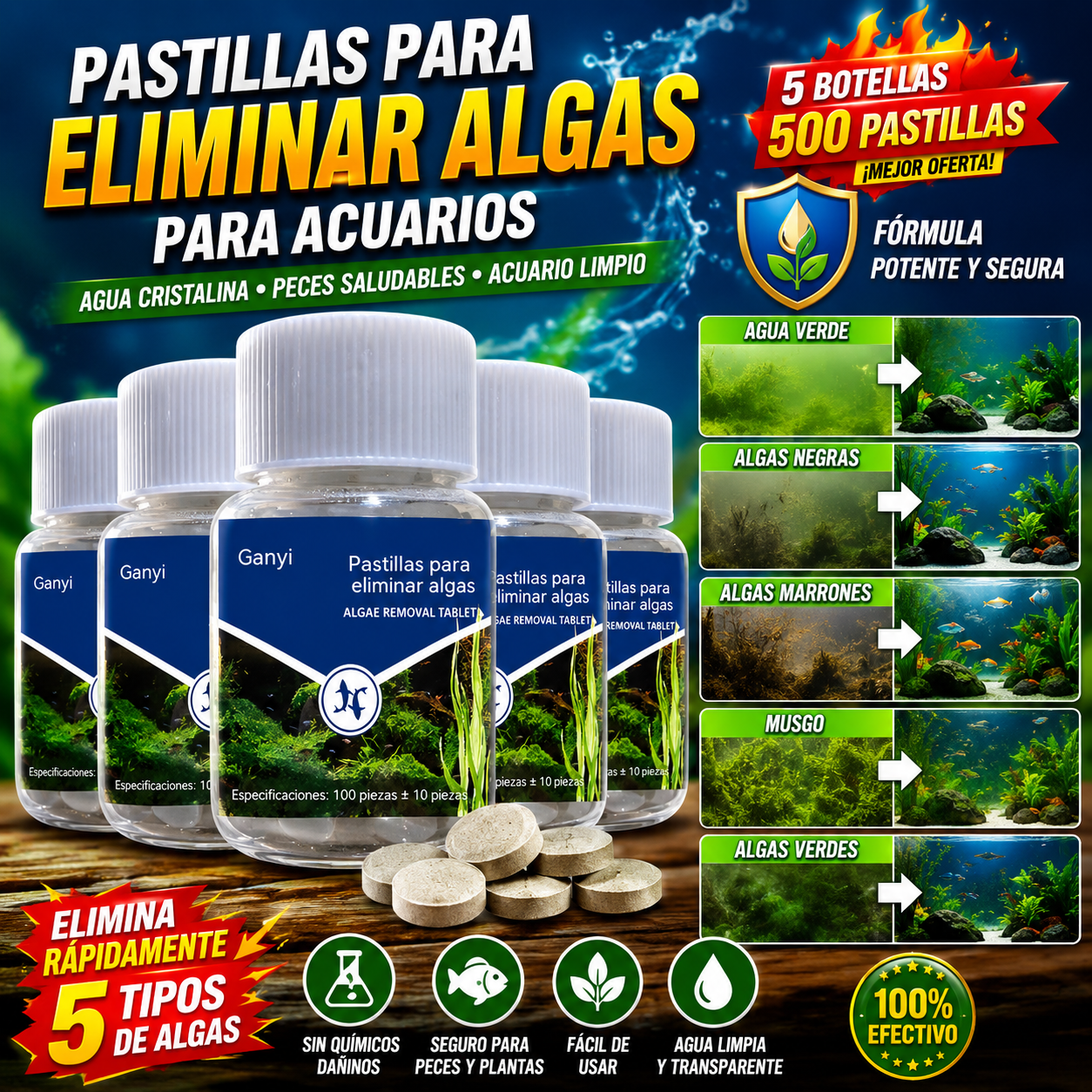 🔥【5 frascos - 500 tabletas】🐠🌿 Tabletas para el control de algas en acuarios: adecuadas para agua verde, algas negras, algas marrones, musgo y algas verdes.