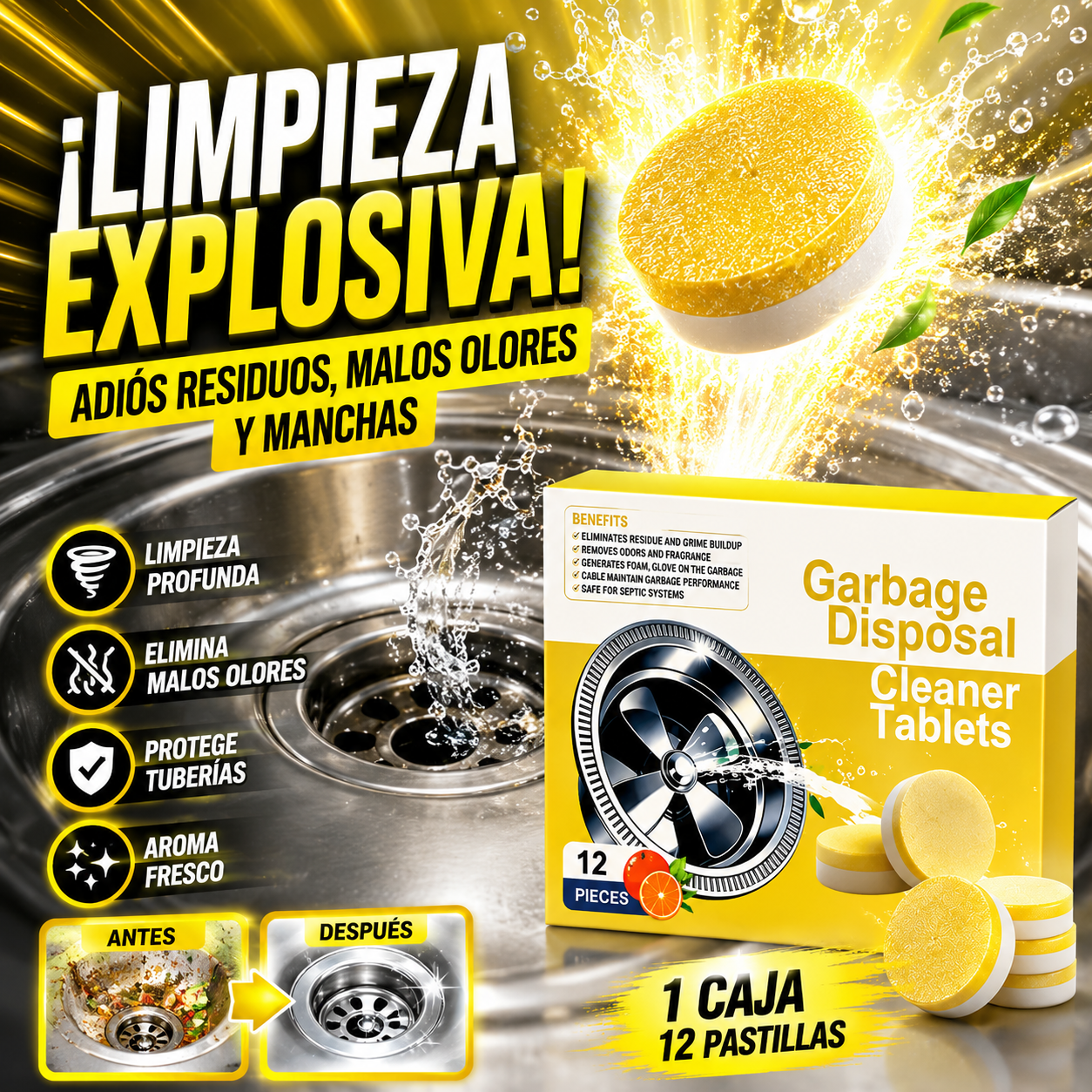 🔥【Juego de 12 piezas】🧼💦Pastillas limpiadoras para eliminar residuos, olores y manchas en los fregaderos de cocina domésticos