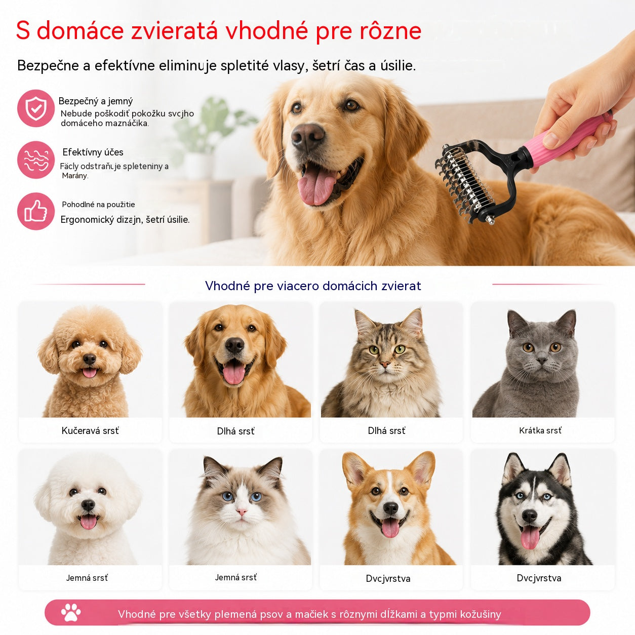 🐱🐕🐈 Multifunkčný hrebeň 3 v 1 na úpravu srsti domácich miláčikov a odstraňovanie mačacích a psích chlpov.