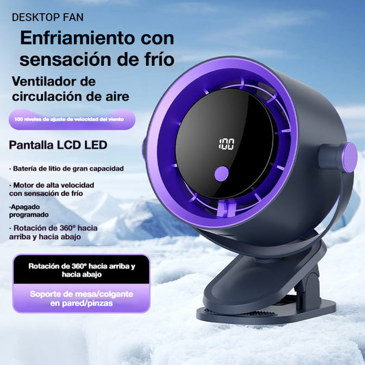🌀 Ventilador manos libres con pantalla LED, clip integrado y 100 niveles de ajuste