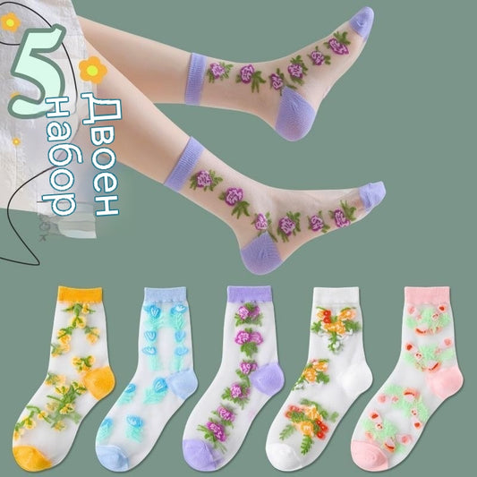 🔥【Купете 5, вземете 5 безплатно】🌺🧦Летни дамски дишащи кристални копринени чорапи