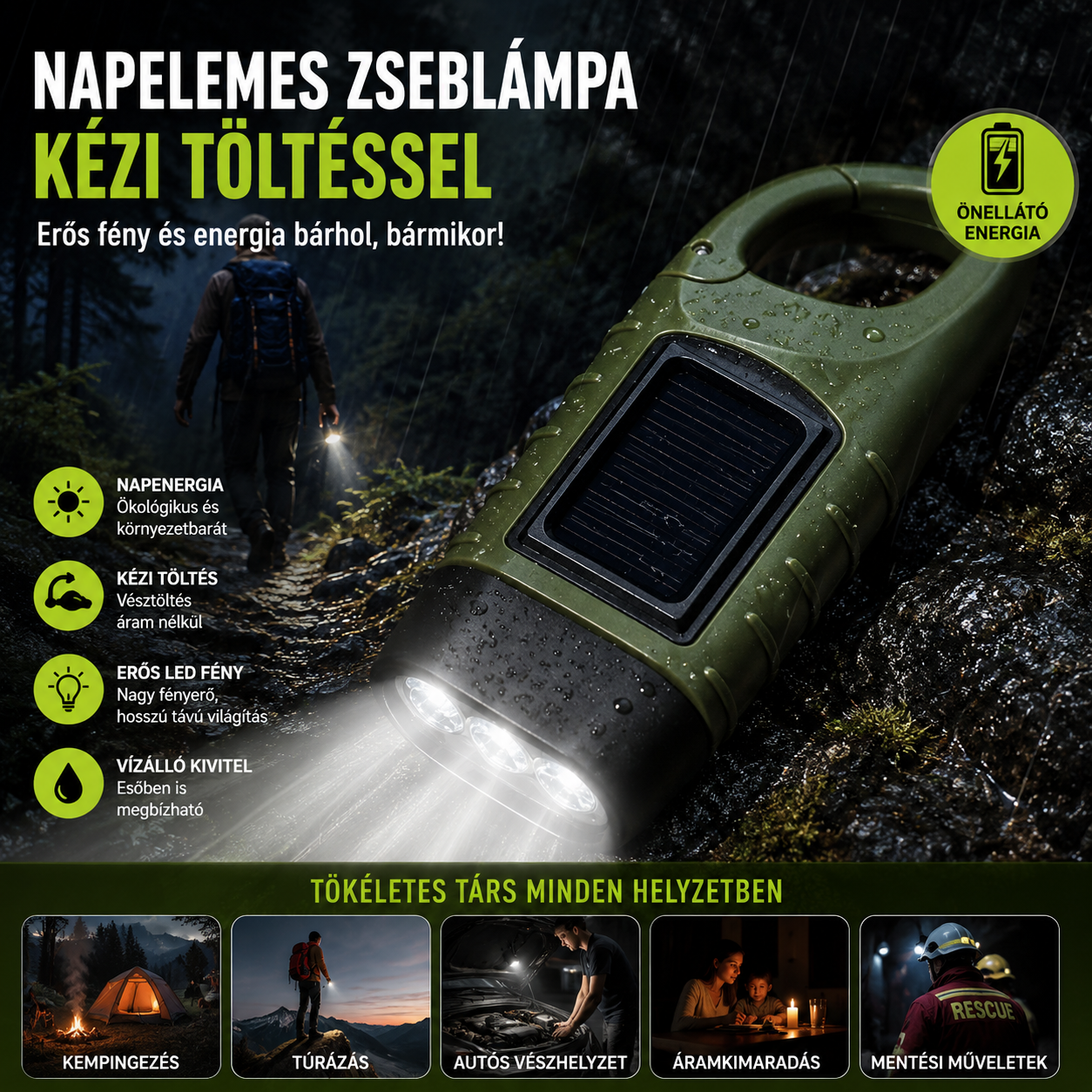 ⚡🔦 Napelemes zseblámpa kézi töltéssel – erős fény és energia bárhol, bármikor!