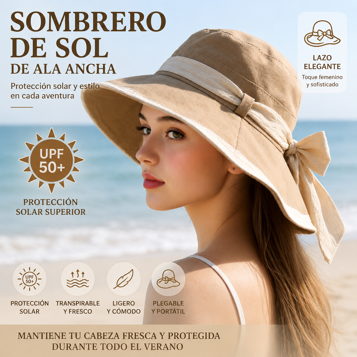 🌞📢 ¡50% de descuento! 👒 Sombrero de sol de ala ancha con lazo para mujer: ligero, transpirable y con protección UV 🌸