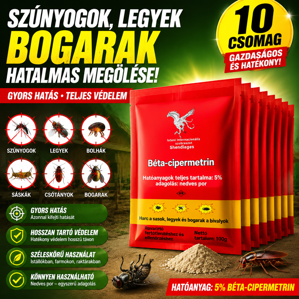 👍【10 tasak】🚫🦟🪳🪰Kifejezetten a szúnyogok és legyek farmokon való irtására tervezték, egy csomag elpusztítja a bolhákat/sáskákat/csótányokat/legyeket/szúnyogokat!