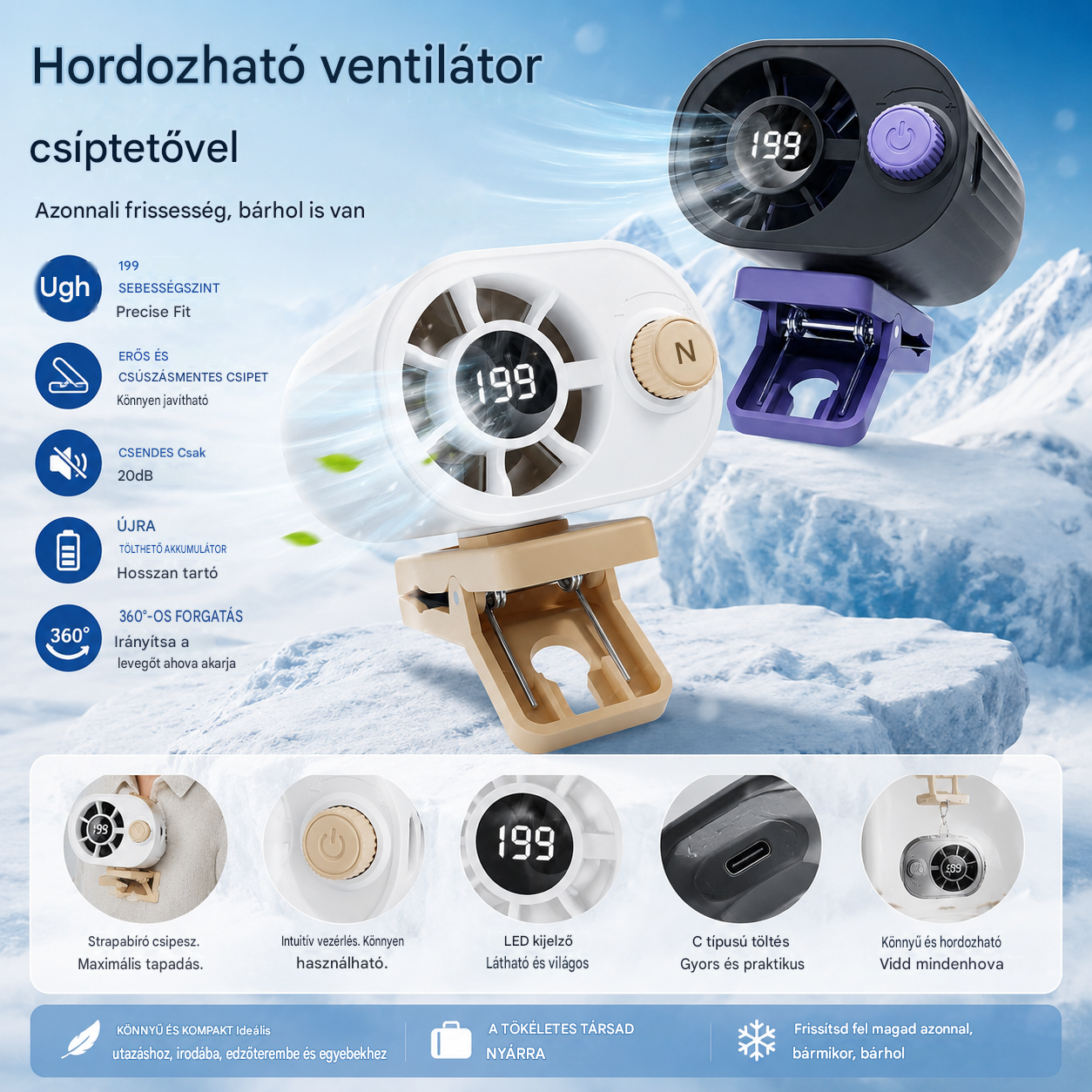🌀 Kézhasználat nélküli ventilátor LED kijelzővel, beépített csipesszel és 199 állítható szinttel