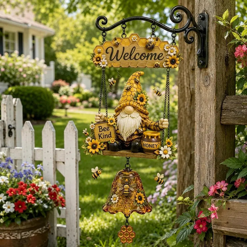 🔥Campana de bienvenida con gnomo de jardín✨ placa de "Welcome", campana de bronce estilo retro, soporte de pared de hierro, decoración para jardín y patio