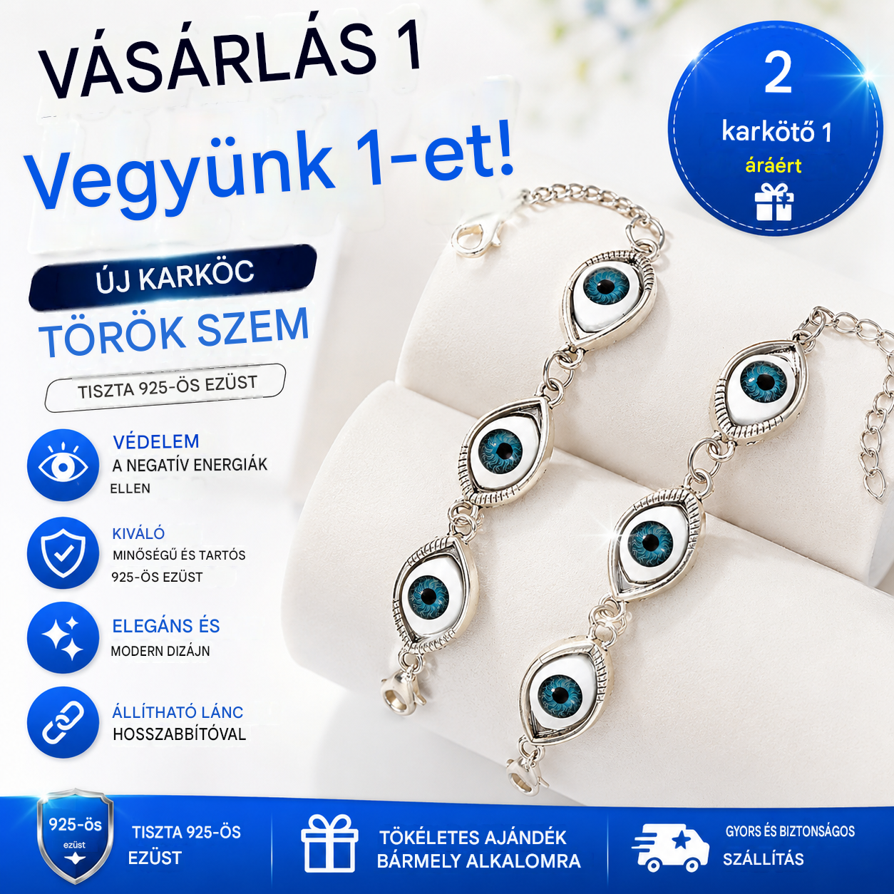 🔥【Vásárolj 1-et, kapsz 2-t ingyen】Új 925-ös sterling ezüst karkötő török szemmel, hosszabbító lánccal.