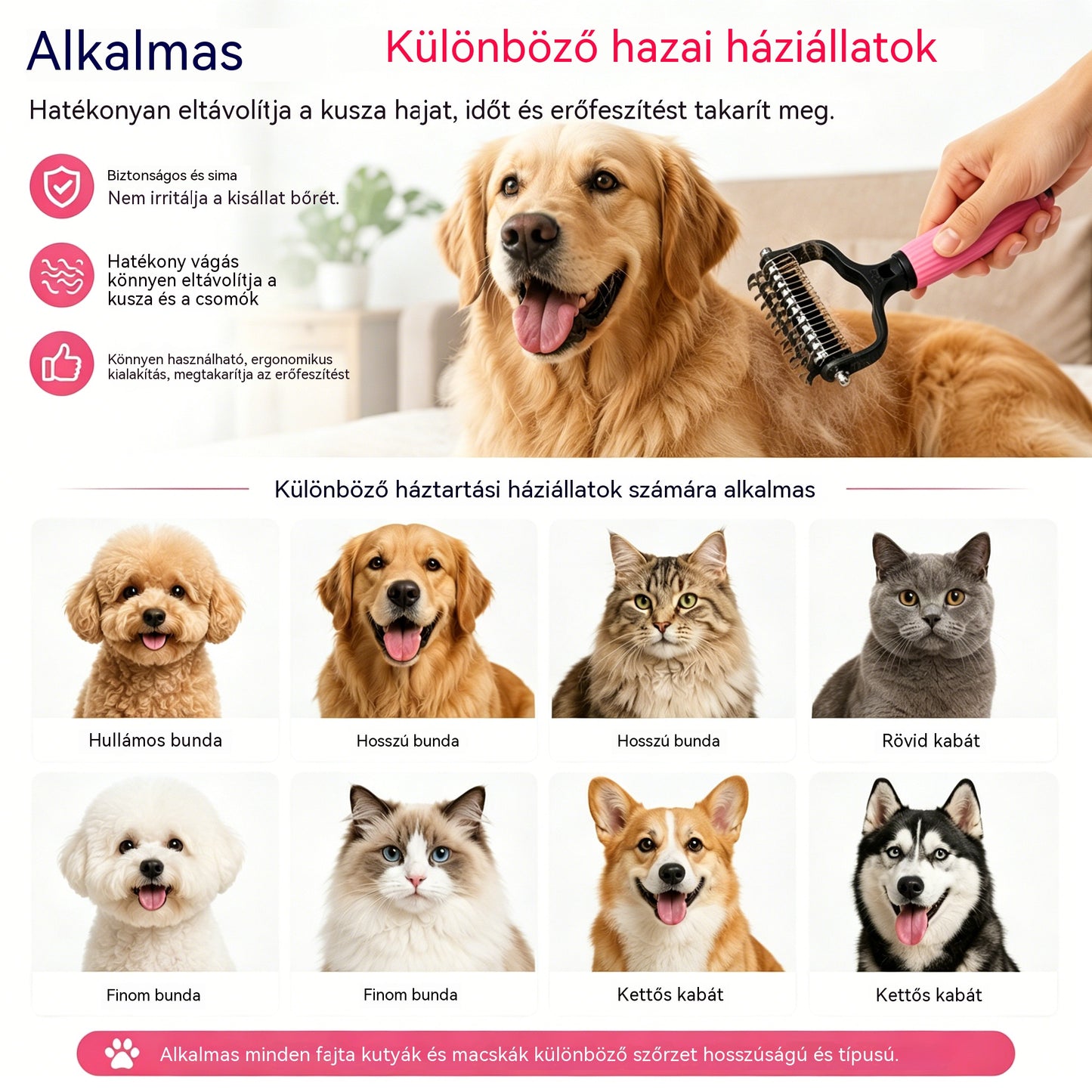 🐱🐕🐈 3 az 1-ben multifunkcionális fésű állatszőr kigubancolására, fésű kutyák és macskák szőrének eltávolítására.