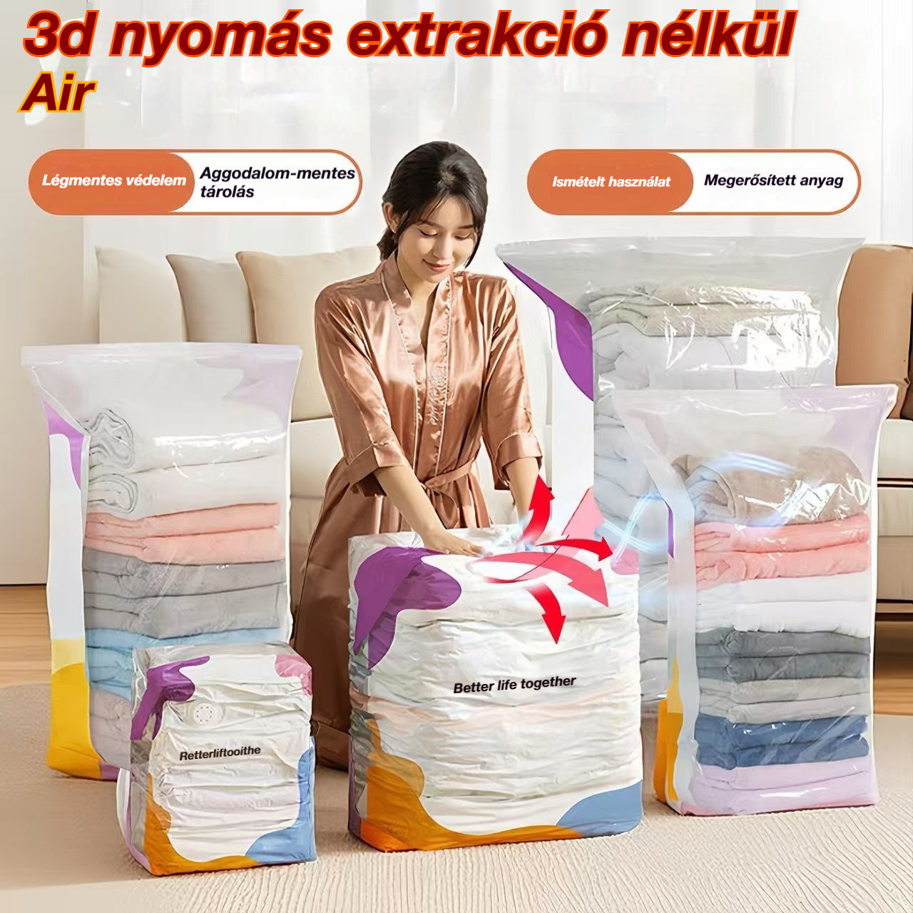 🧳【5 darabos készlet】💨 Nagy, összenyomható vákuumos tárolózsák: nincs szükség pumpára, szivárgásmentes, és ideális helytakarékosságra bőröndökben és otthon ✈️