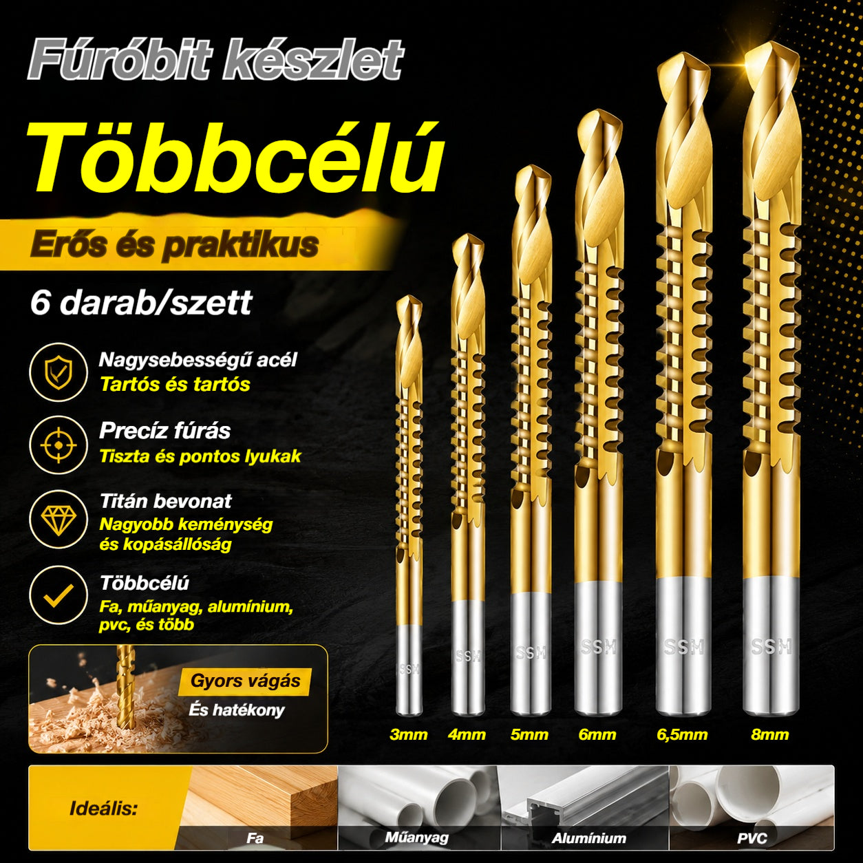 🧰【3+4+5+6+6,5+8 mm】⚙️ Csigafúró készlet: Nagy sebességű acél, titánbevonatú, és számos anyaggal kompatibilis 🧰