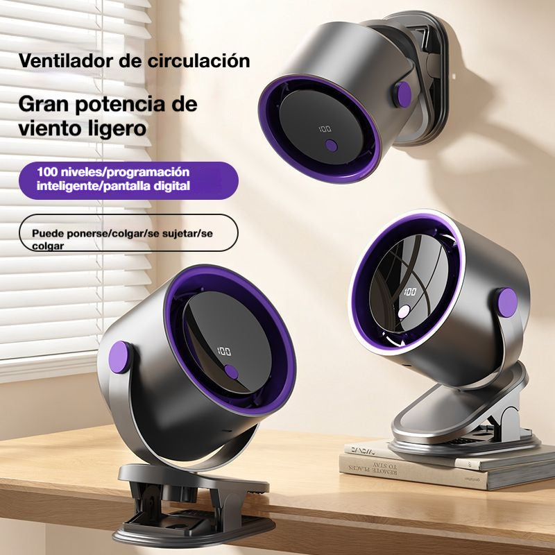 🌀 Ventilador manos libres con pantalla LED, clip integrado y 100 niveles de ajuste