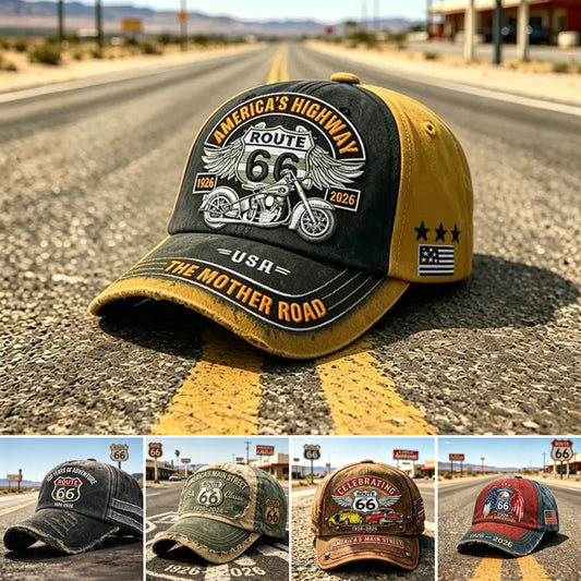🧢🌟Регулируема ретро бейзболна шапка Route 66, перфектният избор за любителите на колоезденето.