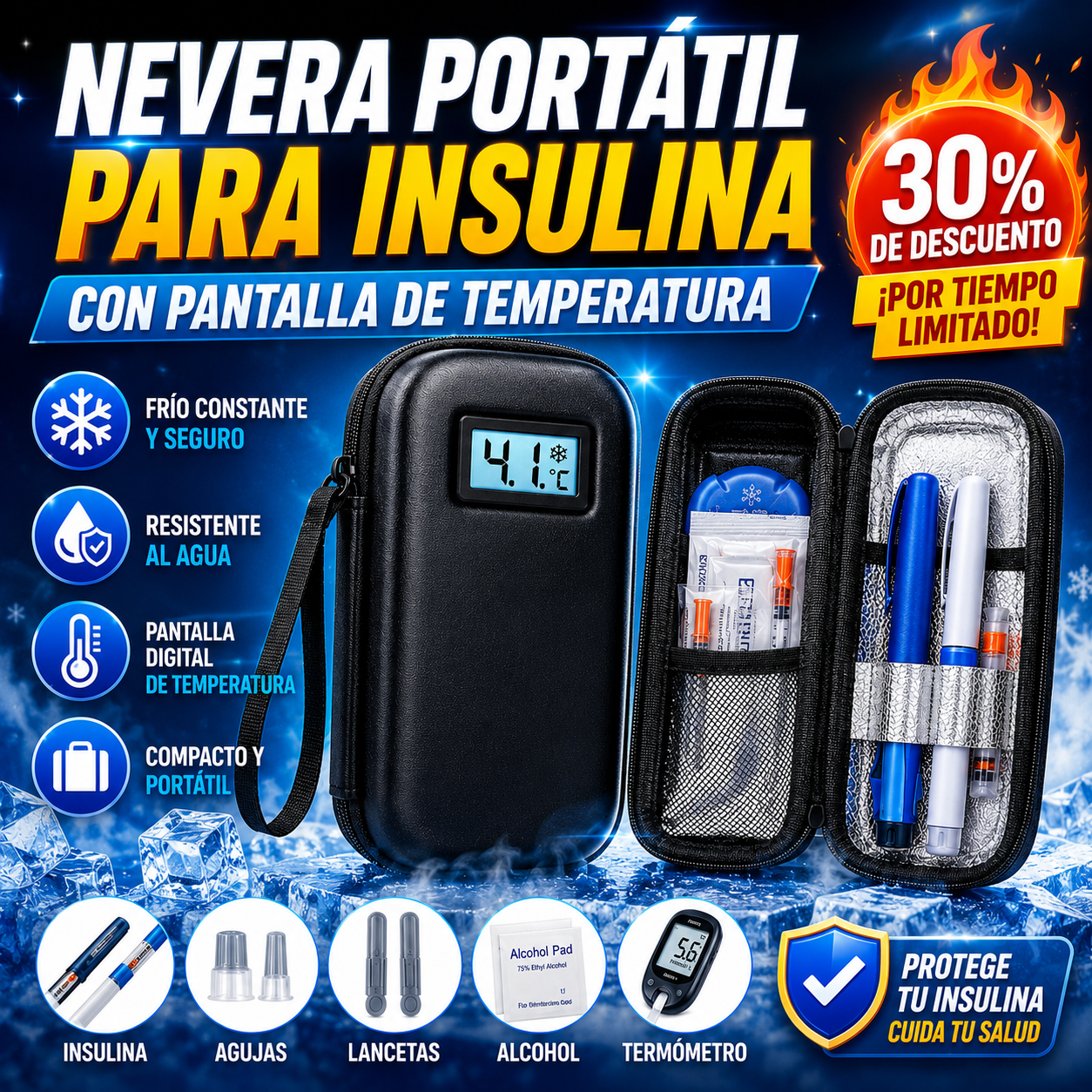Estuche de viaje para enfriar insulina con pantalla de temperatura
