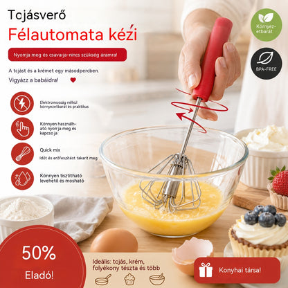 🥳Vásárolj 1-et, kapsz 1-et ingyen🥳💞Több mint 50 000 darab eladva!🥚💪 50% kedvezmény! Félautomata kézi tojáshabverő: nyomd meg és pörgesd – nincs szükség áramra. Másodpercek alatt felvered a tojást és a tejszínt. Kíméletes a csuklódnak! ✨🧁