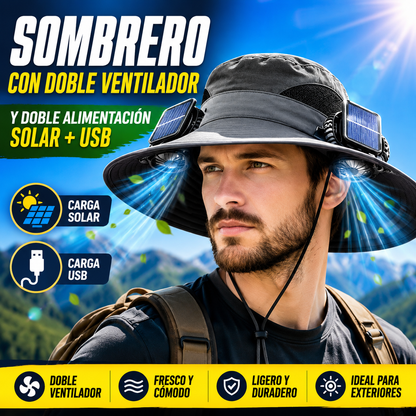 🍃Sombrero para exteriores de larga duración con doble ventilador y alimentación dual (solar y USB)