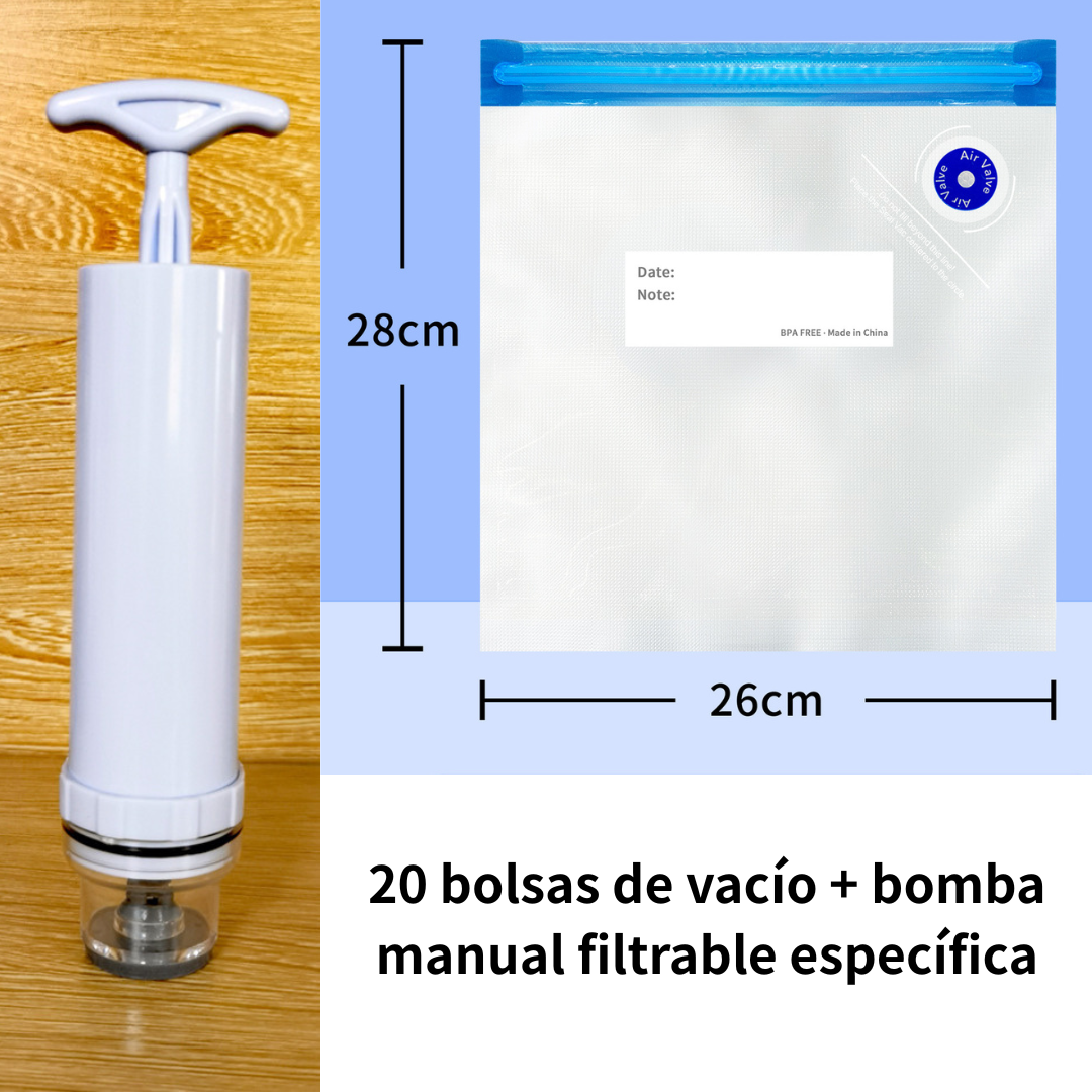 🔥【20 bolsas de vacío + bomba   manual filtrable específica】🧊Bolsas de almacenamiento de alimentos con compresión al vacío y válvulas