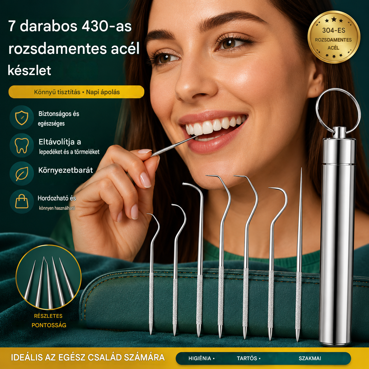 🏆 7 darabos készlet ✨ Német precíziós mérnöki munka! 0,1 mm-es ultravékony hegyű fogpiszkáló a mély és precíz tisztításhoz 🦷💎