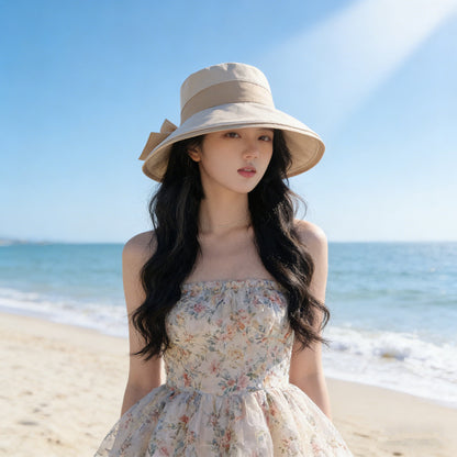 🌞📢 50% kedvezmény! 👒 Női széles karimájú napkalap masnival: Könnyű, lélegző és UV-védő 🌸