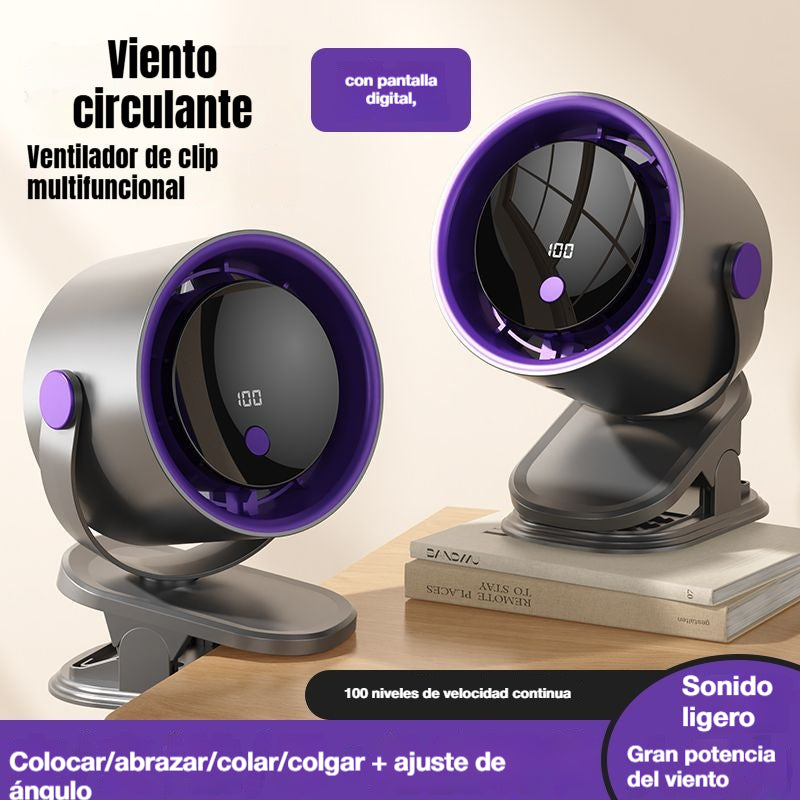 🌀 Ventilador manos libres con pantalla LED, clip integrado y 100 niveles de ajuste