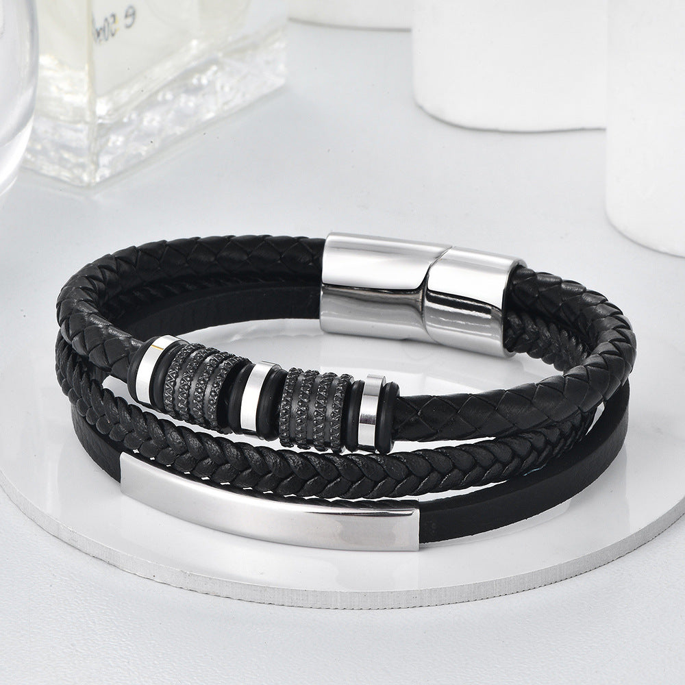 🔥【Compra 1 y llévate 1 gratis】🖤Pulsera de cuero para hombre, nueva, con cordón trenzado, elegante accesorio de acero de titanio y cierre magnético.