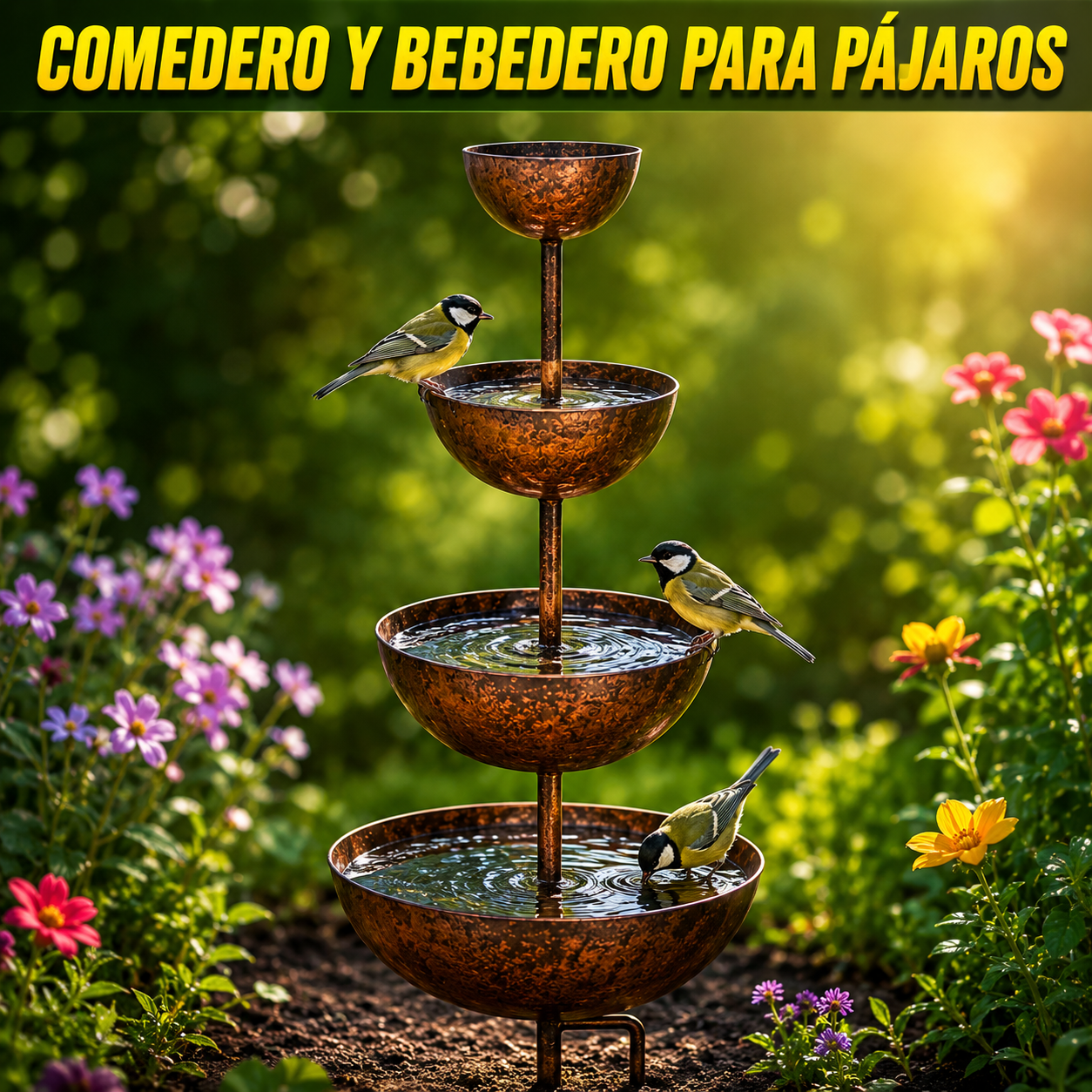 🌧️🐦Comedero y bebedero rústico de metal de tres niveles con soporte💚