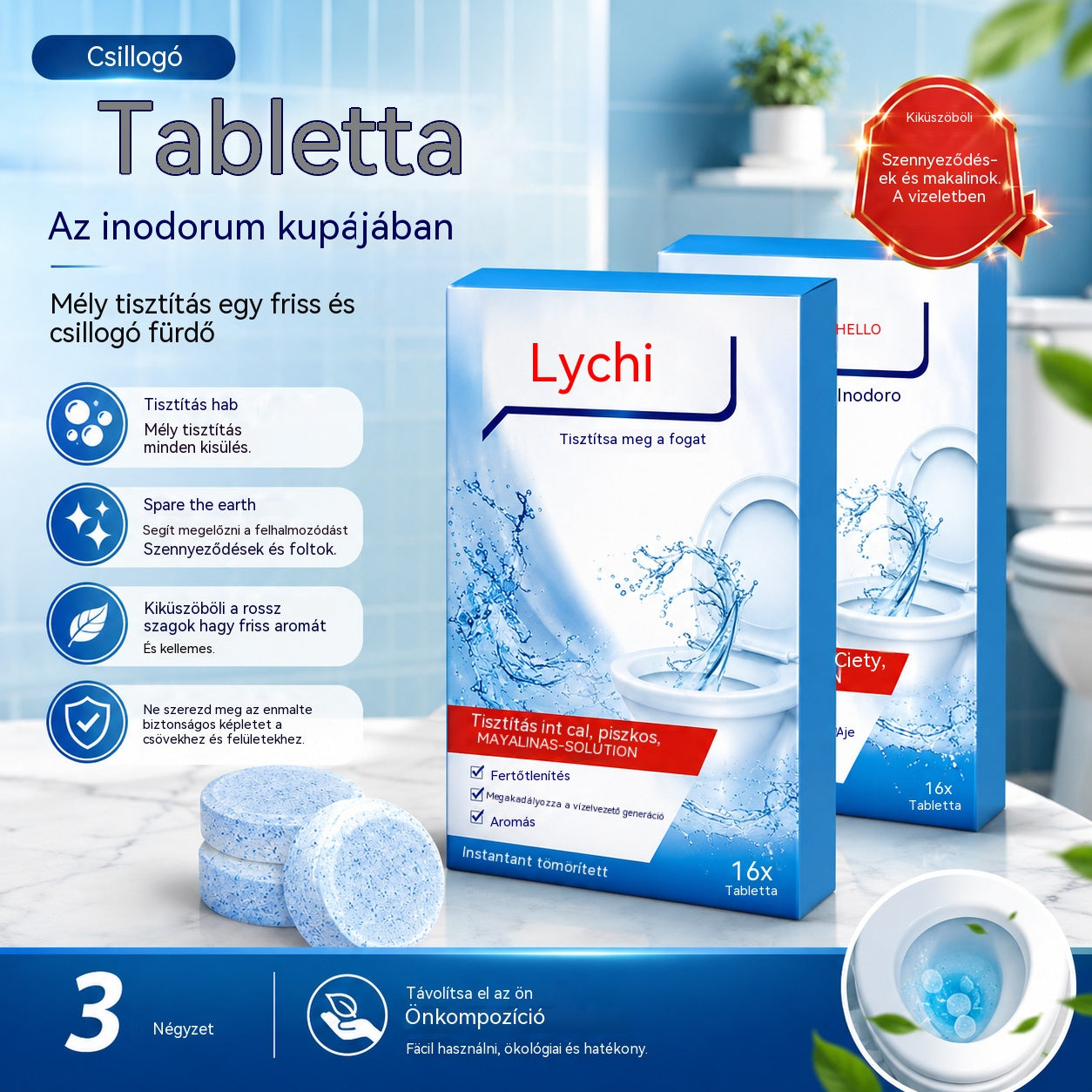 【3 csomag (1 csomag 16 tablettát tartalmaz)】✨ Erős WC-tisztító hab: Gyorsan és hatékonyan eltávolítja a szennyeződéseket, a szagokat és a vízkövet, így a WC friss és tiszta marad!