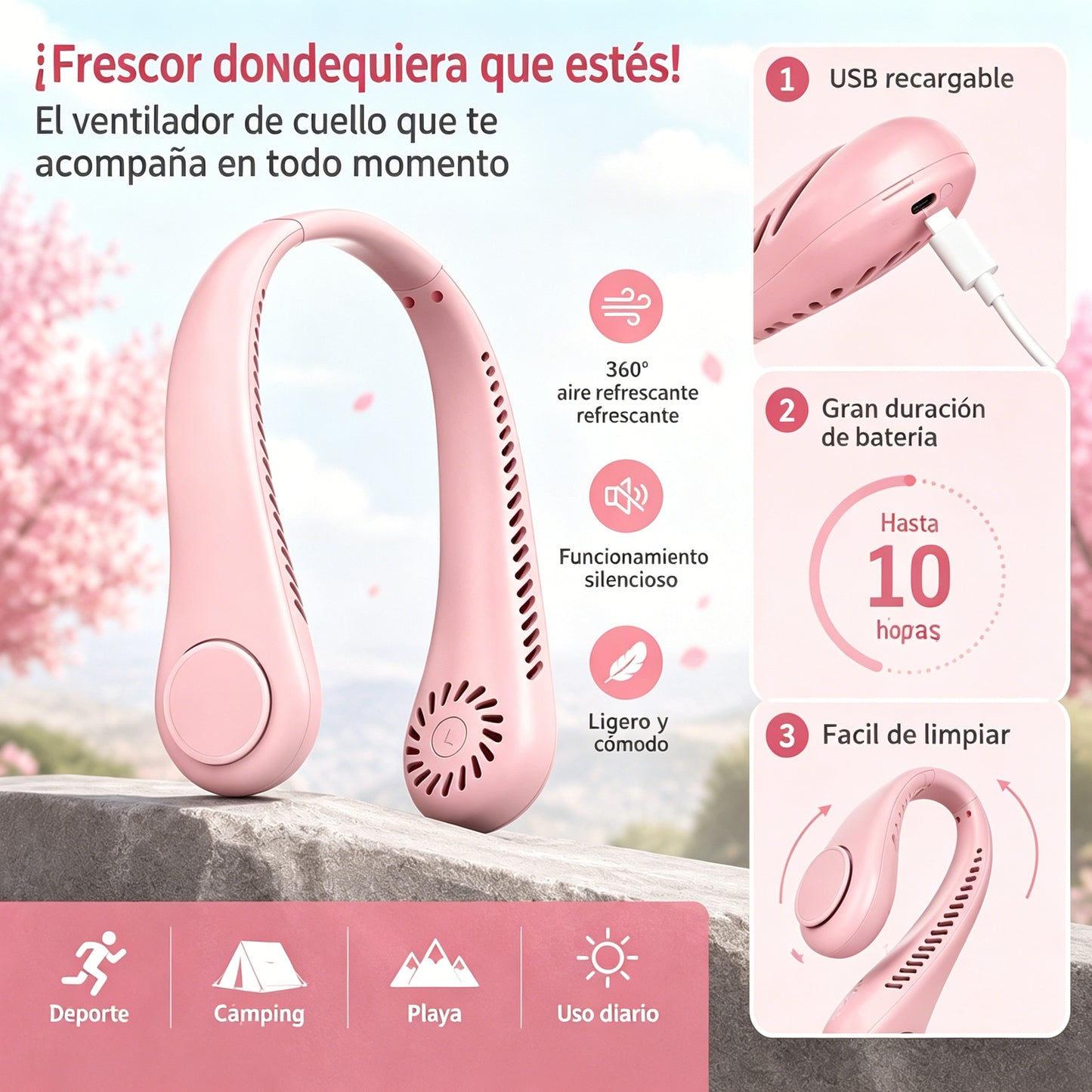 💨 Ventilador de aire acondicionado con cuello – Extremadamente silencioso, portátil y giratorio 360° – Ideal para el verano 🌞