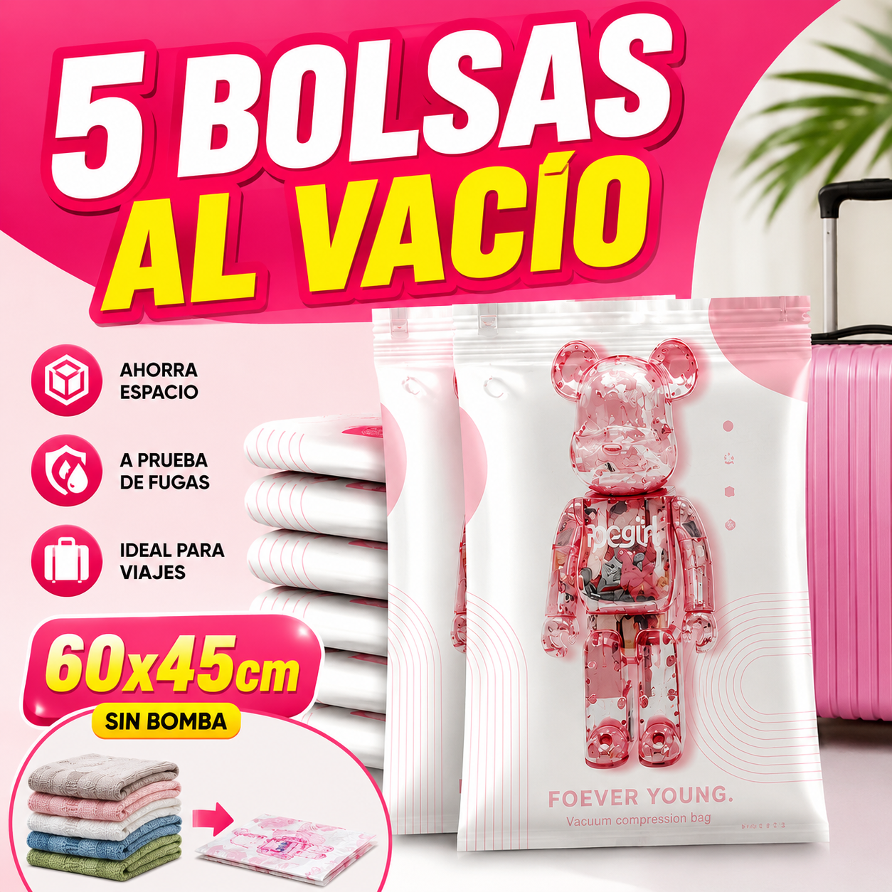 🧳【60*45cm】【Juego de 5 piezas】💨 Bolsa de almacenamiento al vacío grande y compresible: no requiere bomba, es a prueba de fugas e ideal para ahorrar espacio en maletas y en casa ✈️